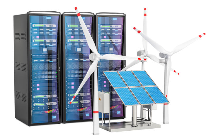 Server racks behind solar panels and windmills